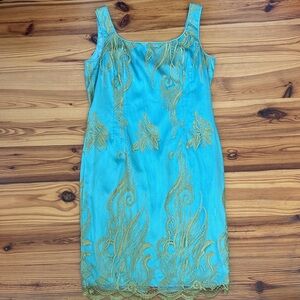 Absolutely gorgeous Elegant Blue Gold Dress 100% silk made is USA Cunningham 6 8
